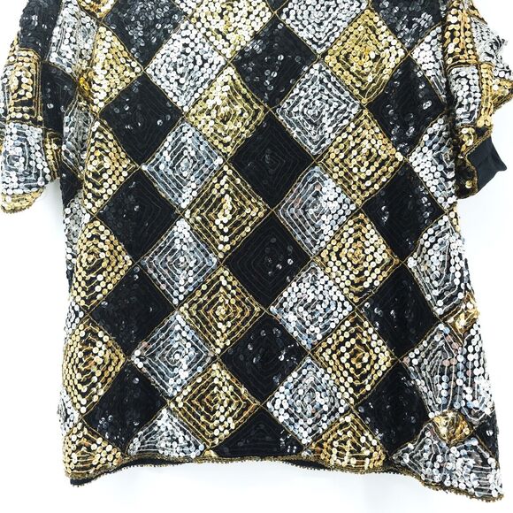 Vtg Scala Sequin Harlequin Silk Blouse Beaded Neck & Hem Short Sleeve Blouse PL - Picture 4 of 14